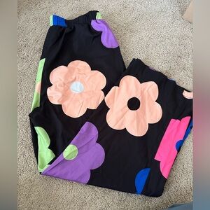 Black Straight-Leg Pants with Peach Floral Print